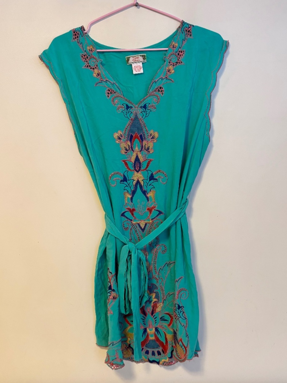 Flying Tomato Boho Embroidered Tie Waist Long Top Mini Dress Teal Green Womens L